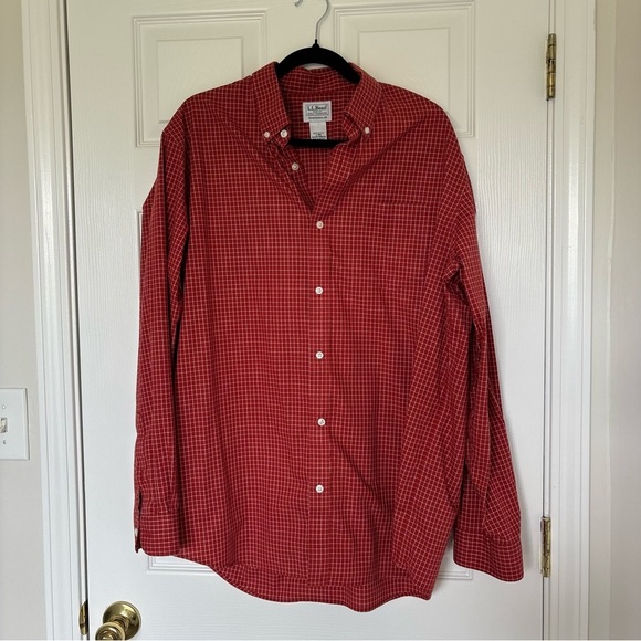 Mens L.L.Bean Traditional Fit Button Down Burnt Orange White Grid Check Large - Picture 6 of 7